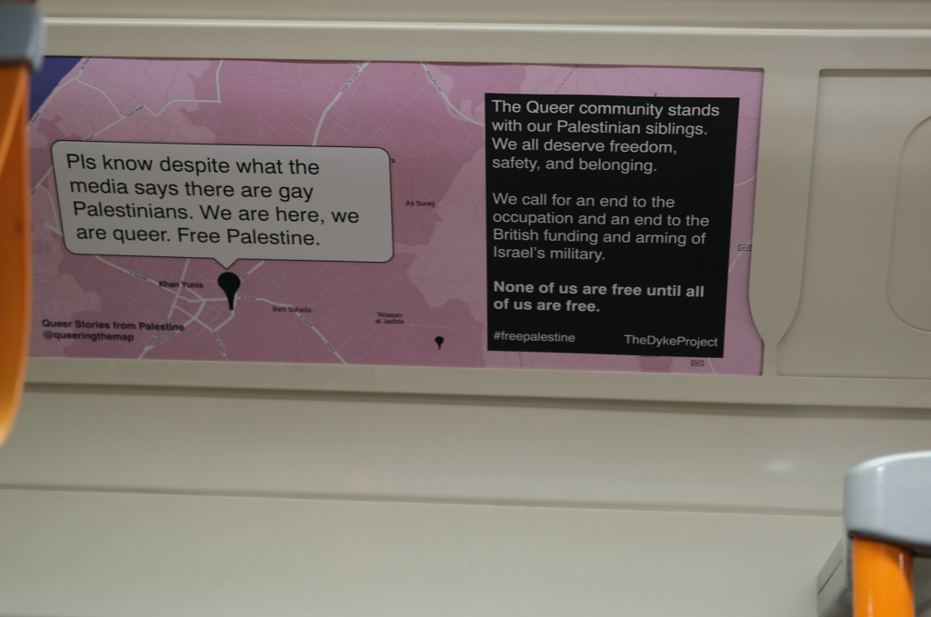 Gehackte advertentieborden in de Londense bussen stonden vol berichten van queer Palestijnen in Gaza