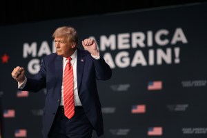 Republican presidential candidate former U.S. President Donald Trump hosts a campaign event at the Orpheum Theater on October 29, 2023 in Sioux City, Iowa.