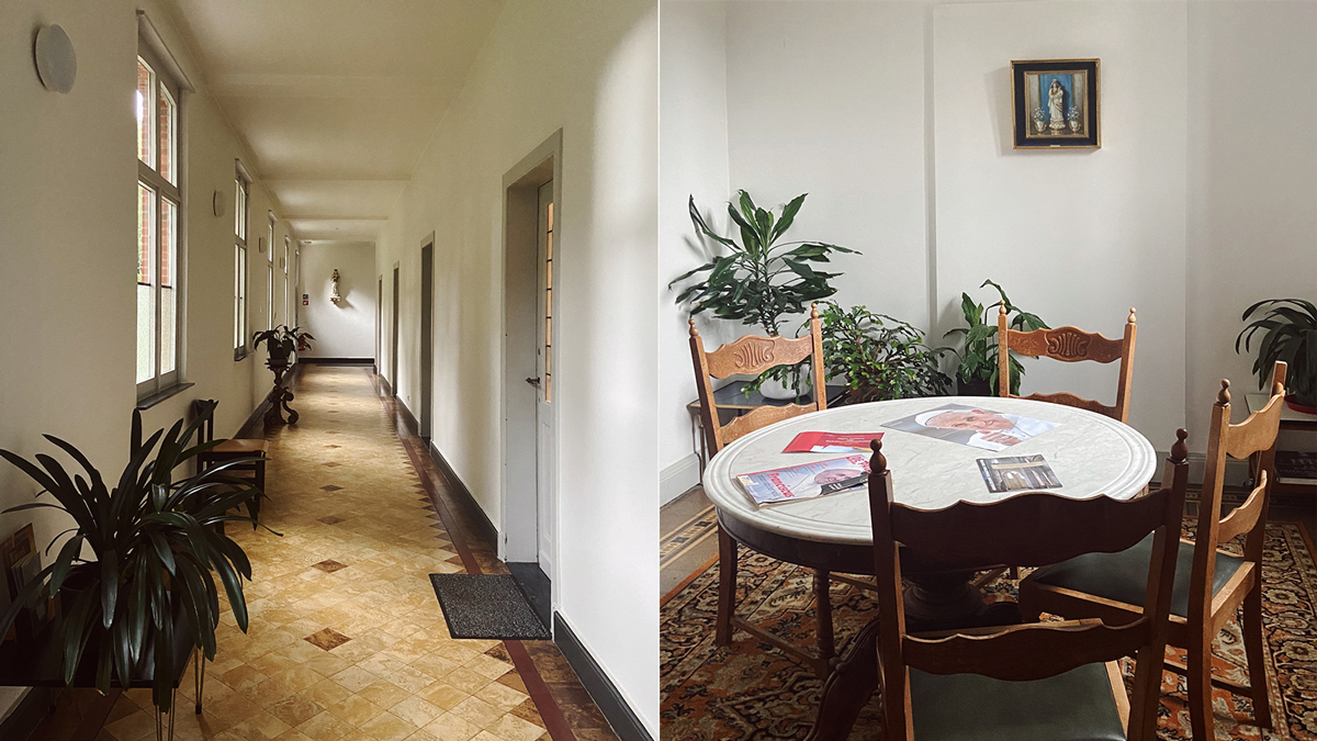 Westmalle Abbey - Two images of white walled interiors, lined with green houseplants.