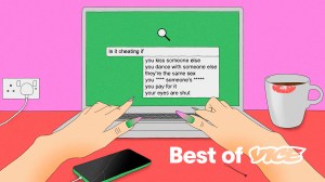 Woman googling 'is it cheating' on laptop