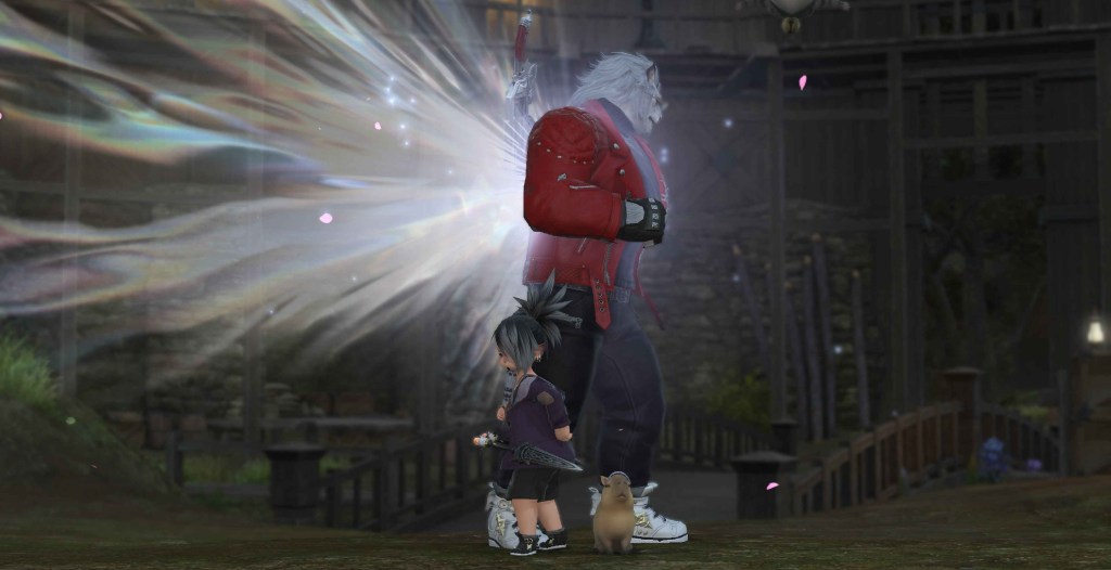 Chetus Jetus and a Hrothgar dancing in New Gridania in Final Fantasy 14
