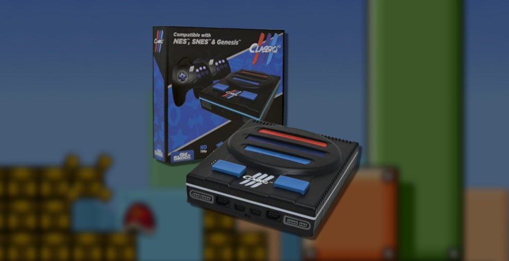 The Old Skool Classiq 3 on a blurred background featuring Super Mario 3 from Super Mario All Stars