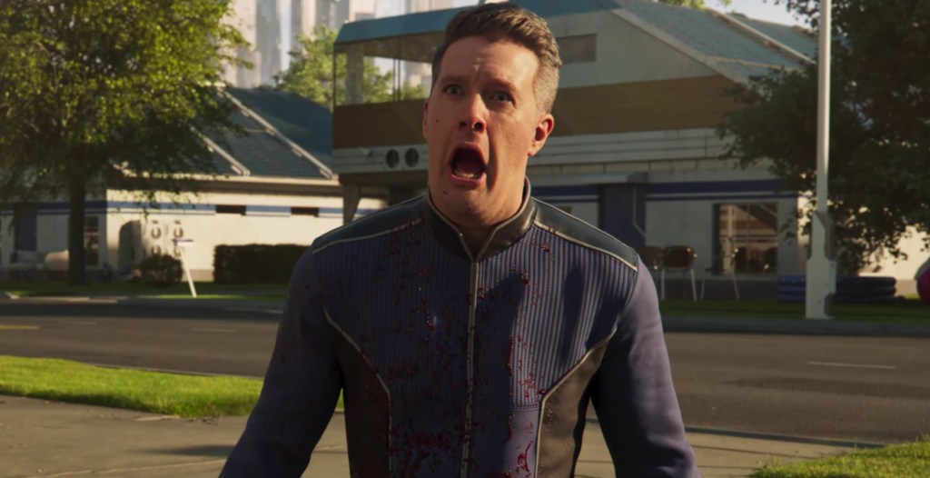 The shocked Helldiver announcer during the 'Helldivers 2' intro