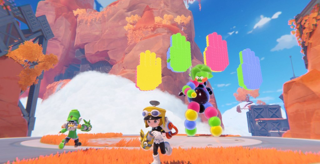 Two characters running in Popucom, trying to avoid a boss