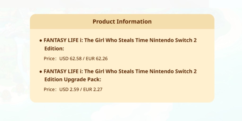 'Fantasy Life i' Switch 2 Upgrade Prices
