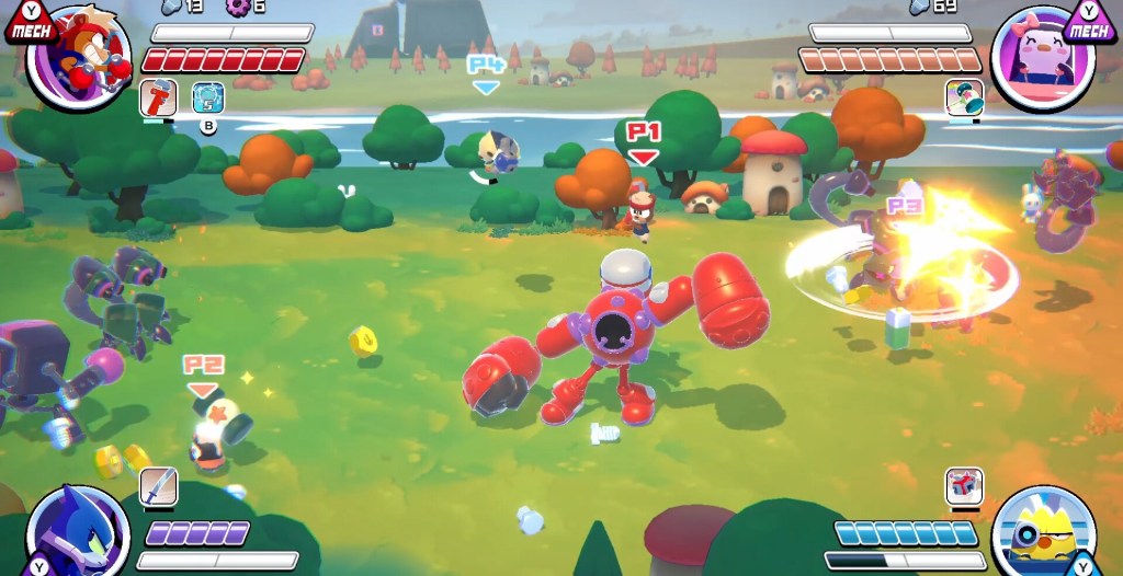 Gameplay of MechAnimals, with four players running around the screen attacking enemies