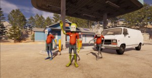 Three aliens hanging outside of a Gas Station in 'Roadside Research'