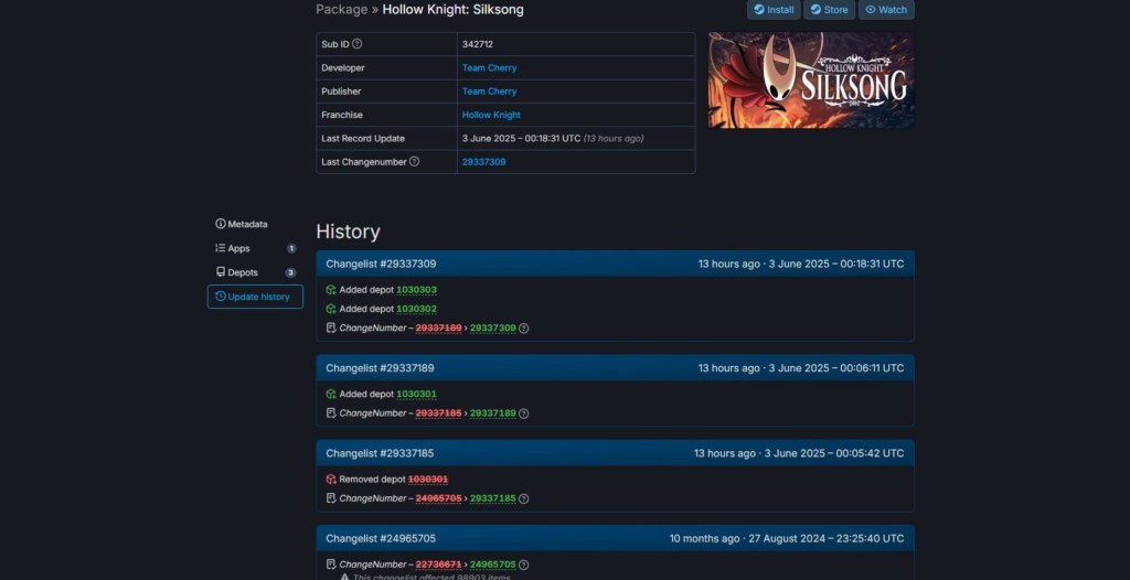 'Hollow Knight Silksong' Steam Database File Updates